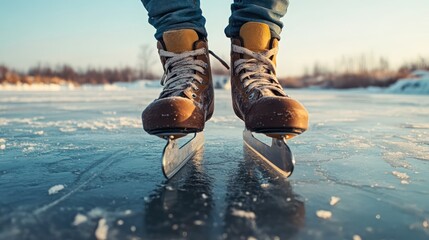 Ice skating boots, winter sunset, frozen lake