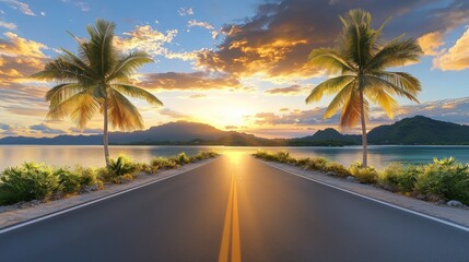 Tropical Road at Sunset with Palms and Serene Water View