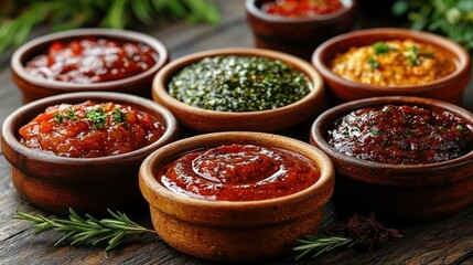 Fototapeta premium Assorted Dips and Sauces on Wooden Table