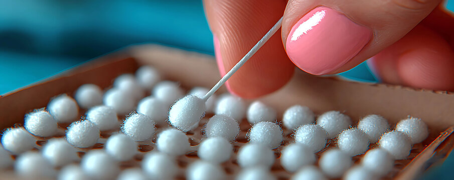 Closeup of a hand delicately selecting a small, fluffy white sphere from a container filled with many similar items.