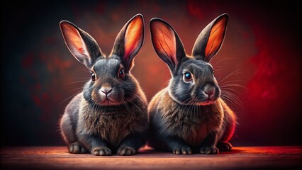 Obraz premium Surreal Black & Mottled Rabbits on Red Background - Mystical Animal Photography