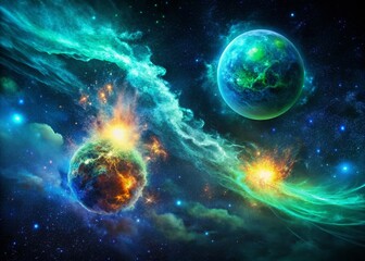 Obraz premium Surreal Blue and Green Fireballs Exploding in a Mystical Night Sky