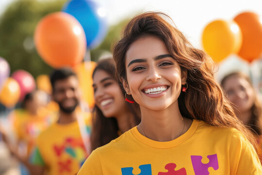 a group of smiling indian volunteers at an autism awareness fundraiser, wearing colorful shirts with puzzle patterns and holding balloons