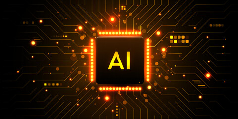 Brightly glowing AI chip on circuit board. Technology background. CPU processor on tech bg. Computer microchip on motherboard. © hobbitfoot