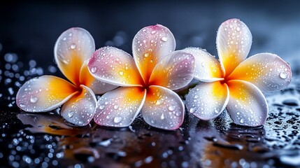 Dew-kissed Plumeria blossoms on dark, reflective surface (1)