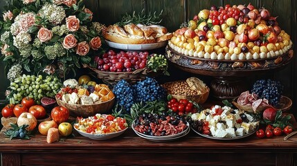 Gourmet food display with flowers and fruits