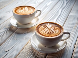 Surreal Cappuccino Latte Art: Two Cups on White Wood