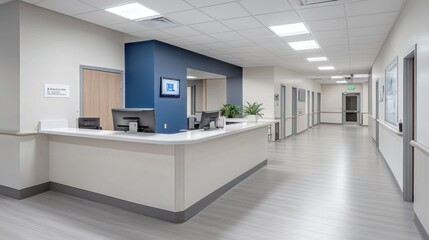 Hospital reception area, modern interior, clean design, spacious hallway
