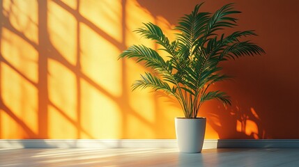 Indoor palm plant casting shadows on a brightly painted wall, creating a warm, inviting ambiance with light and green foliage.