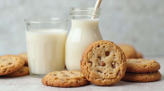 a close-up of chocolate chip cookies and a glass jug of milk on a light-colored surface.