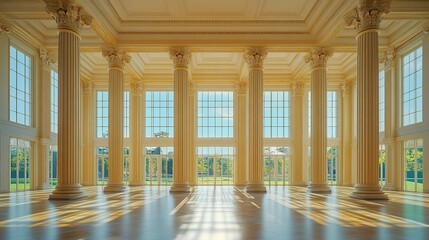 Fototapeta premium A grand, light-filled hall with classical columns and large windows, creating an airy and elegant architectural space.