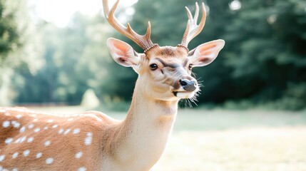 Obraz premium Elegant deer with distinctive spots stands gracefully in lush gr