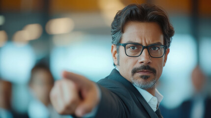 Obraz premium a indian business leader standing in front of their team, pointing forward with a bold and inspiring expression