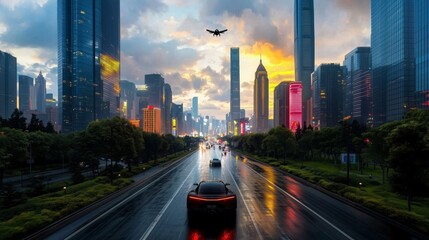 Cityscape at Sunset with Modern Architecture and Vehicles