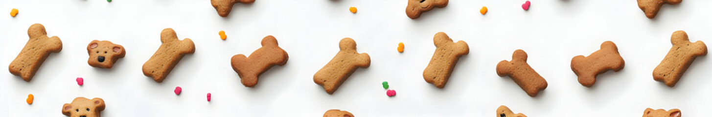 Dogs of various breeds reaching up to grab sausages hanging from strings