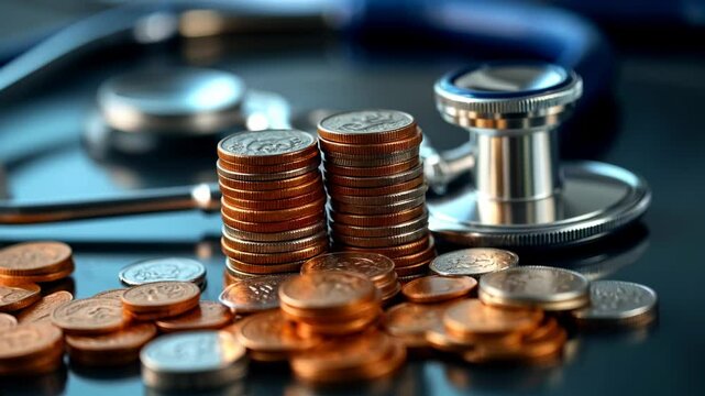 Conceptual image of stacks of coins with stethoscope on table representing the privatization of health care and medical expenses.
