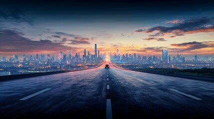 Stunning Urban Skyline with Road Leading to City Lights