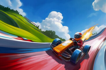Obraz premium Race car speeding down a track with a fiery boost, capturing excitement, speed, and adrenaline in a vibrant racing scene