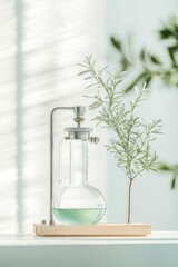 A sleek apparatus showcases the process of generating green hydrogen with natural greenery nearby, emphasizing the synergy between technology and nature
