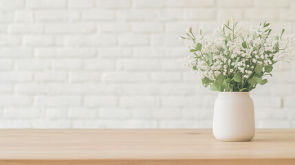 Minimalist bouquet of white flowers with green leaves in a simple ceramic vase on a wooden table against a white brick wall background