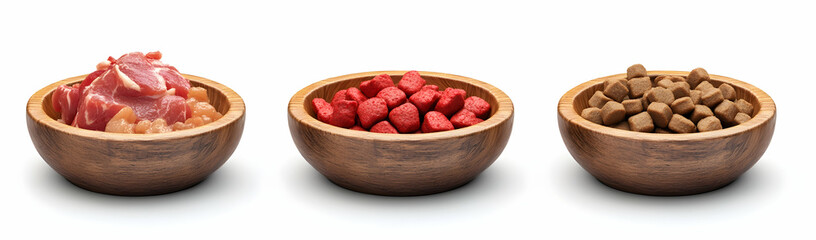 3 wooden dog food bowls with different types of wet and dry dog food