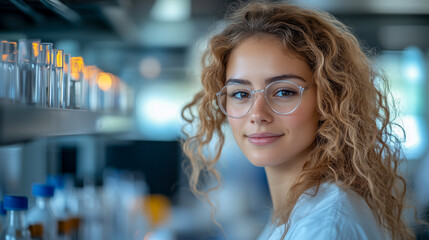 Confident young female scientist with curly hair and glasses working in a modern laboratory surrounded by test tubes and research equipment