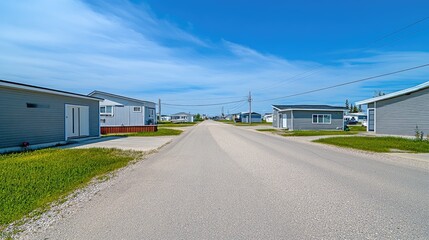 Fototapeta premium Suburban street on a sunny day; residential homes along a paved road. Possible use Stock photo for real estate, travel, or general photography