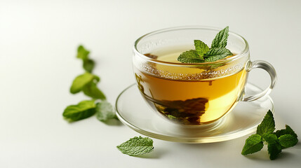 Herbal tea in a cup with fresh mint leaves