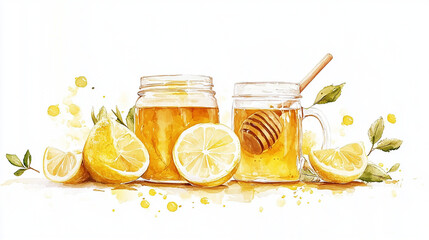 Herbal tea with lemon slices and honey jar