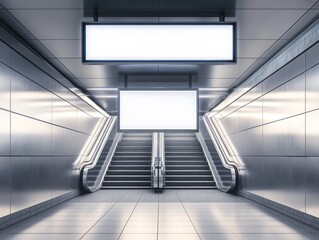 Fototapeta premium Subway station escalator with blank ads