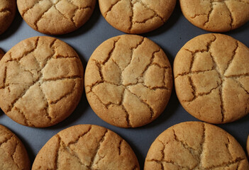 Close-up of cookies arranged in rows, showing their patterns and texture