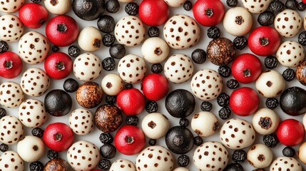 Obraz premium Assorted wooden beads, top view, colorful pattern, crafting supplies