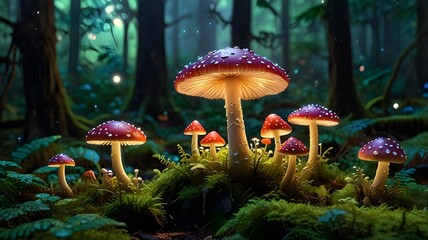 Enchanting Forest with Glowing Mushrooms, Magical Creatures, and Mystical Atmosphere