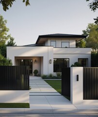 Modern Minimalist House Exterior with Elegant Landscaping, Generative AI