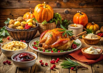 Thanksgiving Turkey Dinner Feast: Rustic Autumnal Table Setting with Seasonal Decorations & Sides