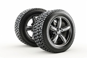 Obraz premium Two new car tires with silver rims.