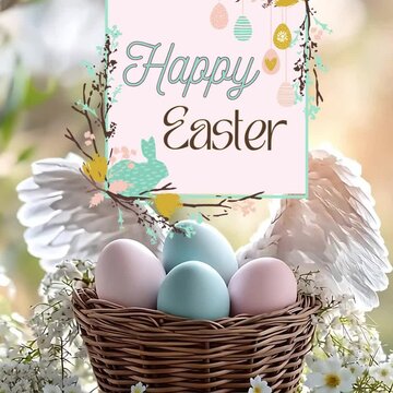 happy easter greeting card animation with written words and beautiful easter decoration: basket full of pastel easter eggs