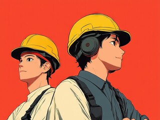 Stylish anime construction workers urban landscape digital art vibrant background inspirational perspective