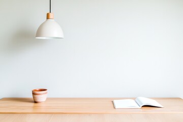 Minimalist workspace featuring wooden table, soft lighting, and