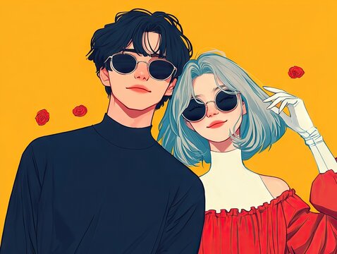 Stylish anime couple posing urban setting digital illustration vibrant colors close-up fashion statement