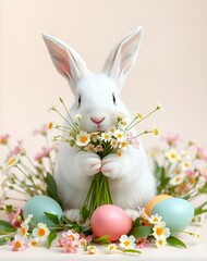 Adorable Easter Bunny Holding Flowers with Pastel Eggs