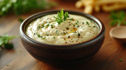 Bowl of savory dip, creamy in texture, garnished with fresh herbs and seasonings for a flavorful experience on a wooden table.