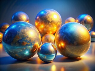 Tranquil Blue and Gold Luminescent Orbs: Calming Enchanting Ambient Stock Photo
