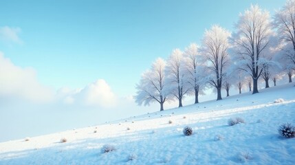 Fototapeta premium Serene Winter Landscape Snow-Covered Trees on a Gently Sloping Hill Under a Clear Blue Sky