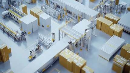 Automated Warehouse and Factory Interior: A 3D Rendering of High-Tech Industrial Manufacturing