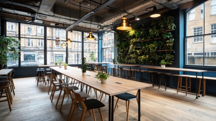 Fototapeta premium Contemporary Office Interior with Indoor Plants and Vertical Garden in a Bright Space