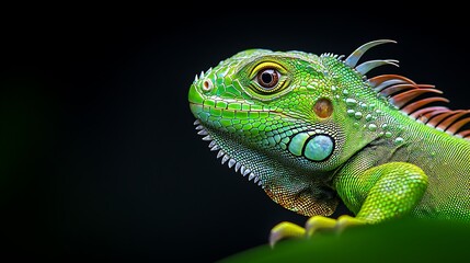 Obraz premium Close-up of a vibrant green iguana with spiky crest and eye, resting in a dark environment