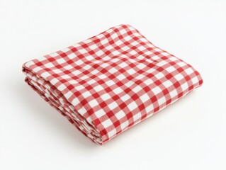 A red and white checkered towel is laying on a white background