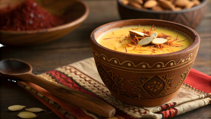 Traditional mango milkshake with saffron strands and sliced almonds 