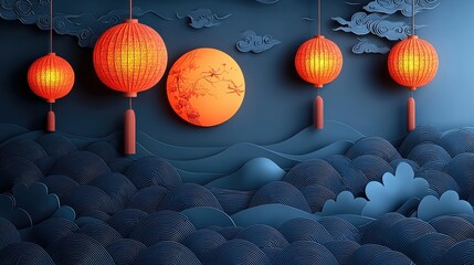 Obraz premium Paper cut art of traditional lanterns and scenic background